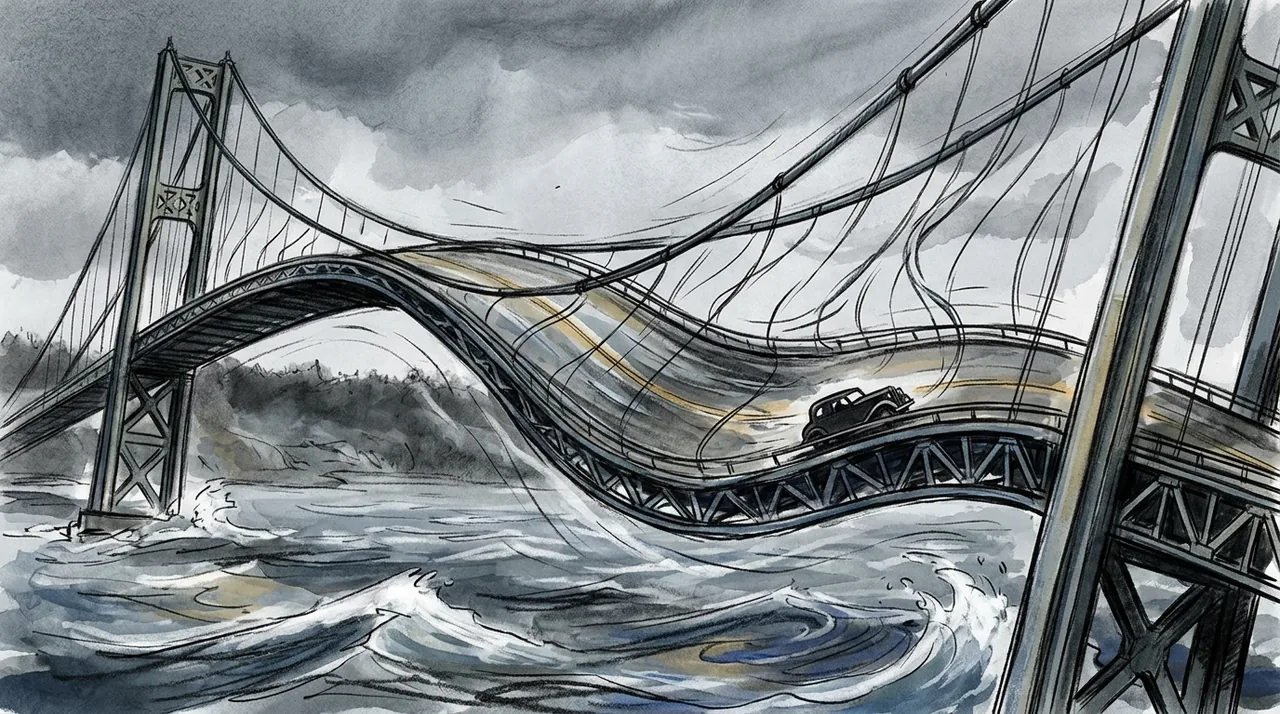 A brand new bridge. A 40 mph wind. It started dancing. Then it tore itself apart.