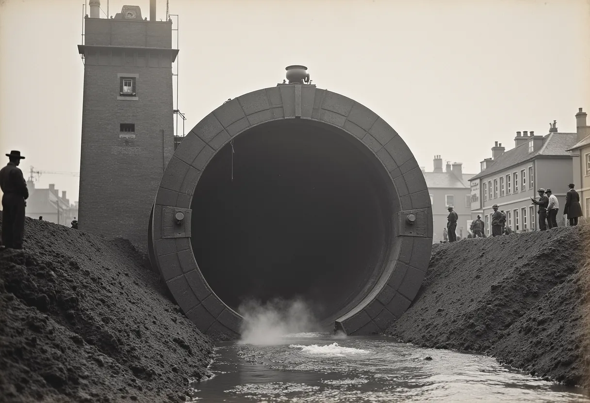 The first tunnel under a navigable river, built by a father-son team using a giant iron shield modeled on a wood-boring shipworm.