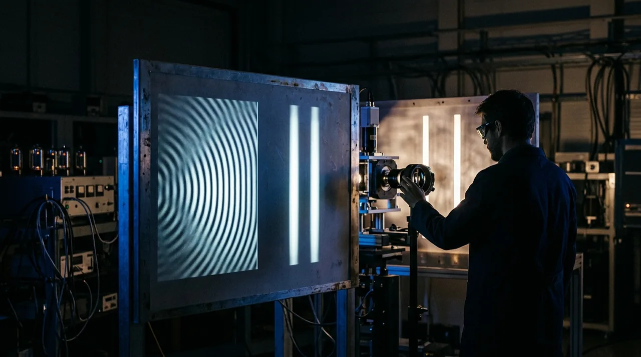 Shoot particles through two slits. They act like waves—until you watch them. Then they stop.