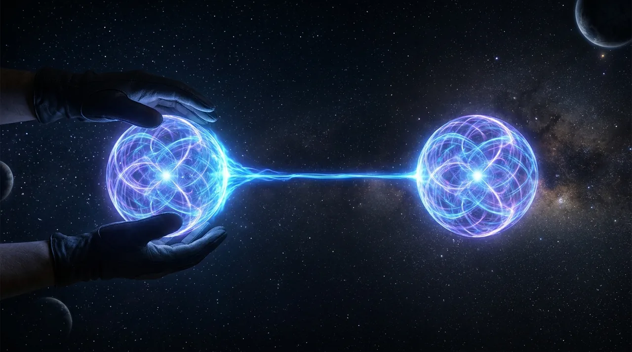 Measure one particle here. Its twin 100 light-years away changes instantly. Einstein called it 'spooky.'