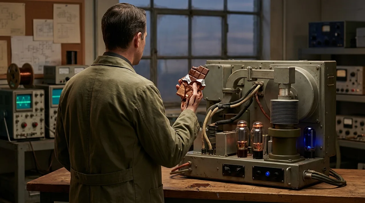 The engineer noticed his chocolate bar had melted. He was standing next to a radar.