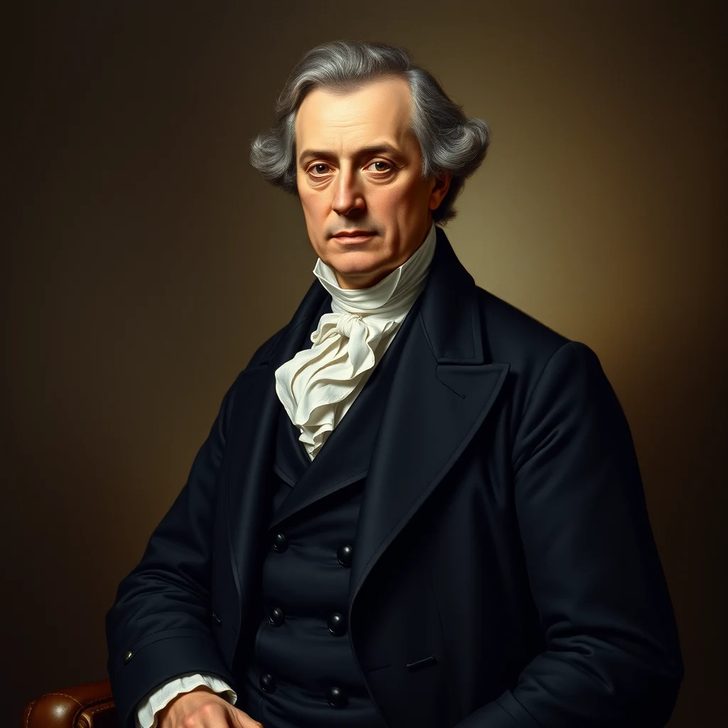 A man with gray hair and a formal black coat with a white cravat sits against a dark background, embodying the elegance and sophistication of 18th-century European nobility.