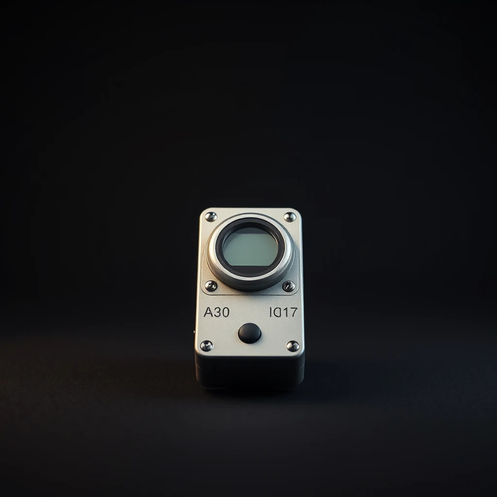 A metallic accelerometer with the label "A30 ID17" and a circular sensor is shown against a dark background.