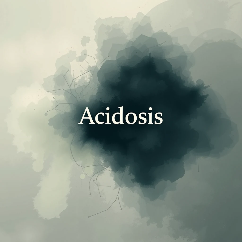 The word "Acidosis" is prominently displayed over an abstract, dark cloud-like background with light streaks, symbolizing the clinical condition where arterial blood pH drops below 7.35.