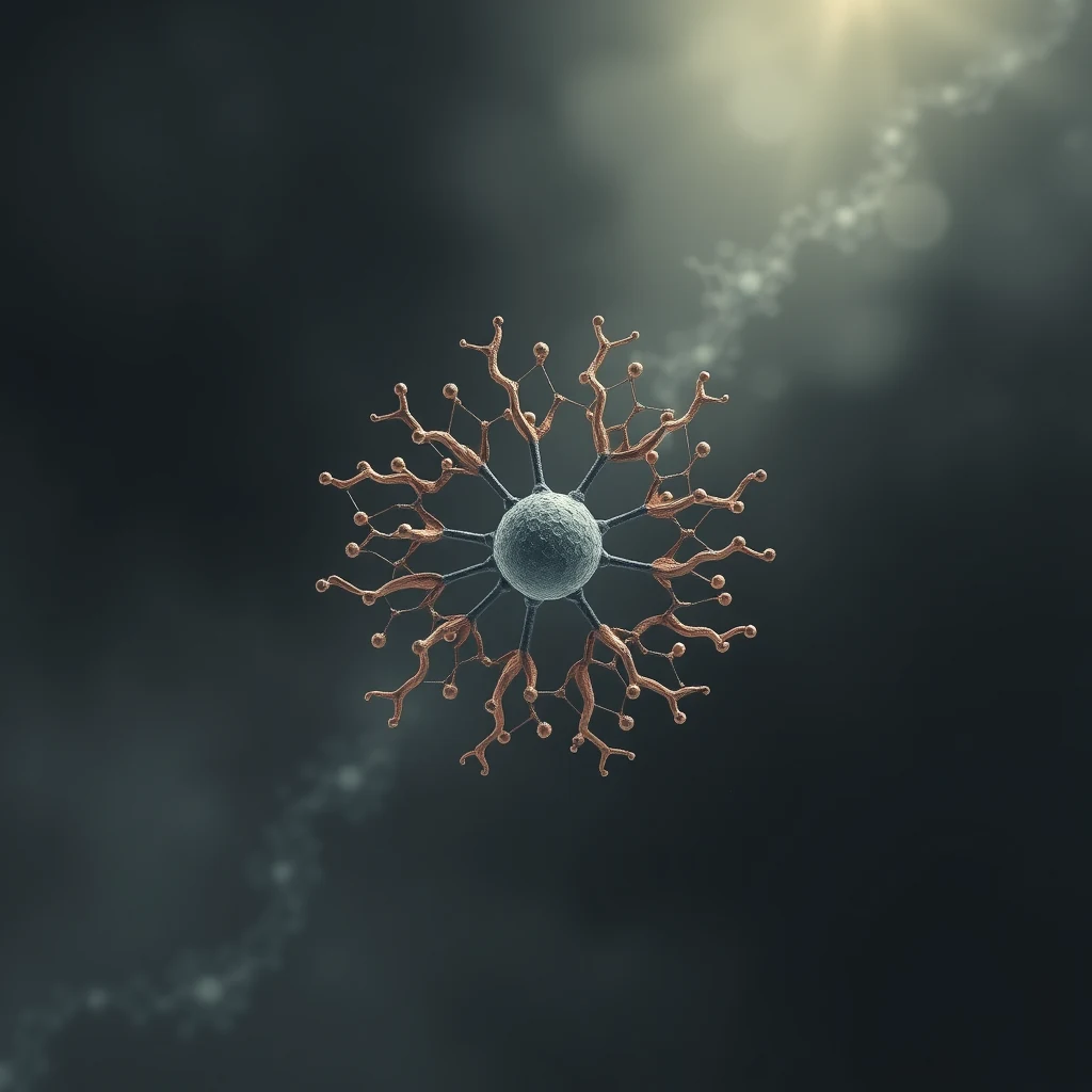 A detailed illustration of actin filaments radiating from a central hub, showcasing their branching structure and role in cellular mechanics and movement.
