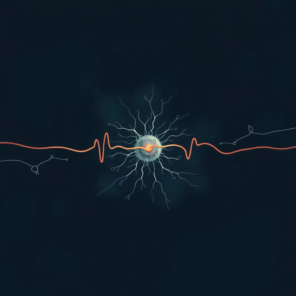 A neuron with an action potential depicted as a wavy line radiating outward, symbolizing the self-propagating electrical pulse that travels along its axon.