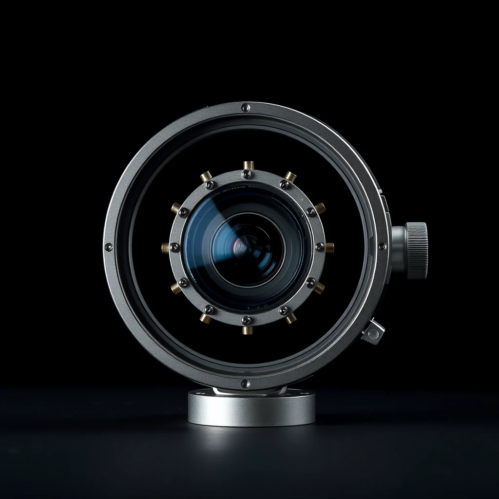 A close-up view of a precision actuator with a circular lens at its center, showcasing its intricate design and mechanical components against a dark background.