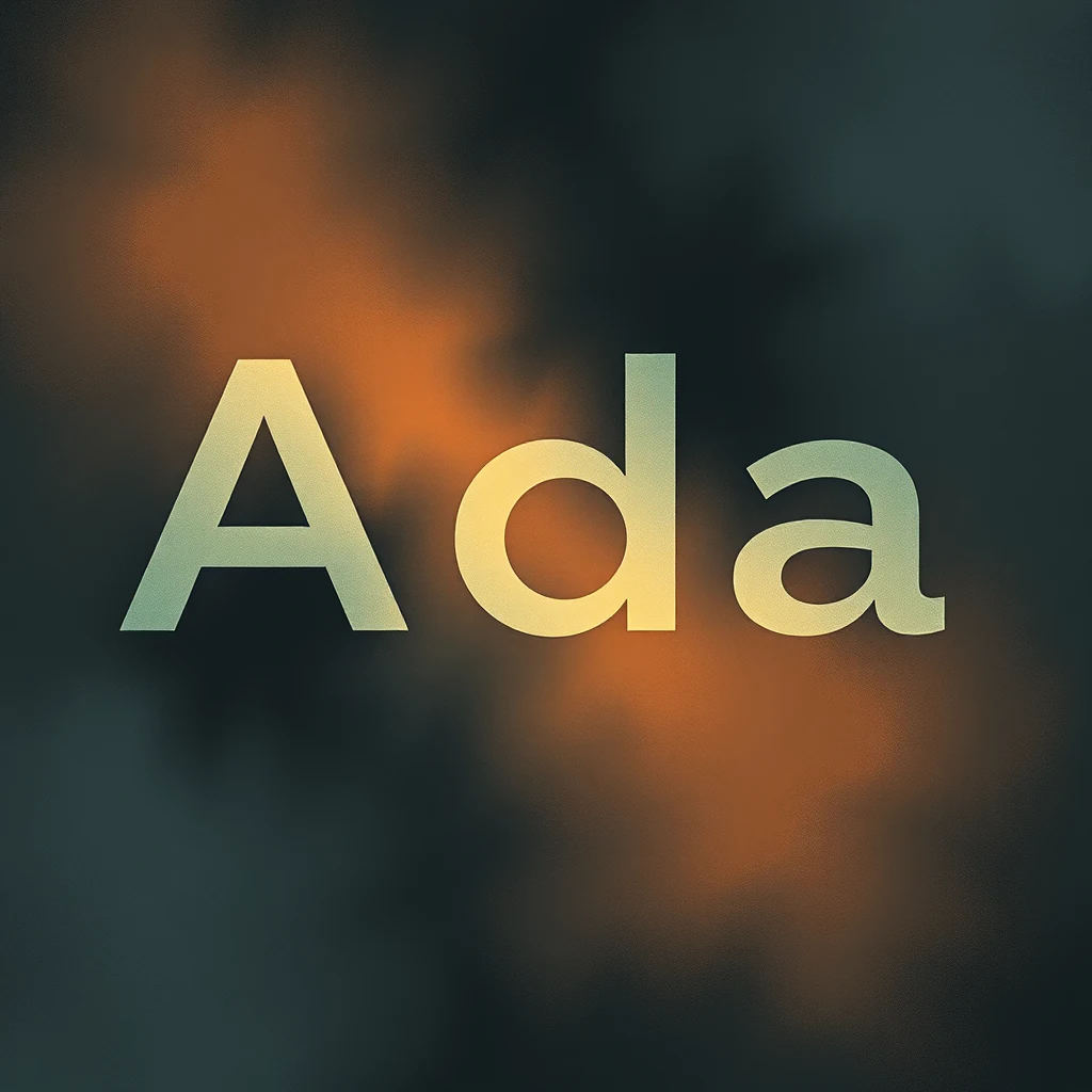 The word "Ada" is prominently displayed against a blurred background with warm orange and dark tones, suggesting a concept related to the programming language Ada.