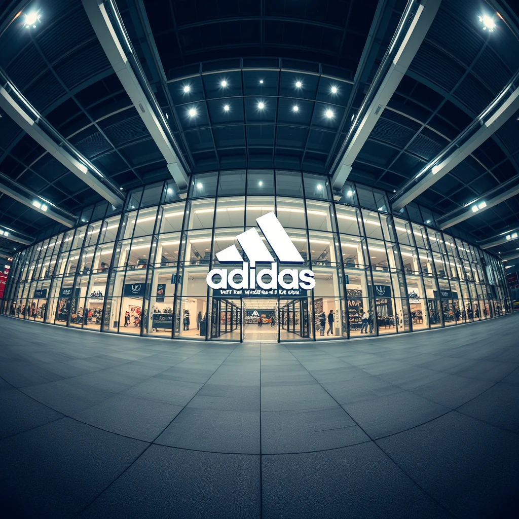 A wide-angle view of an Adidas store with large glass windows and a prominent logo, showcasing its modern and sleek design within a shopping mall.