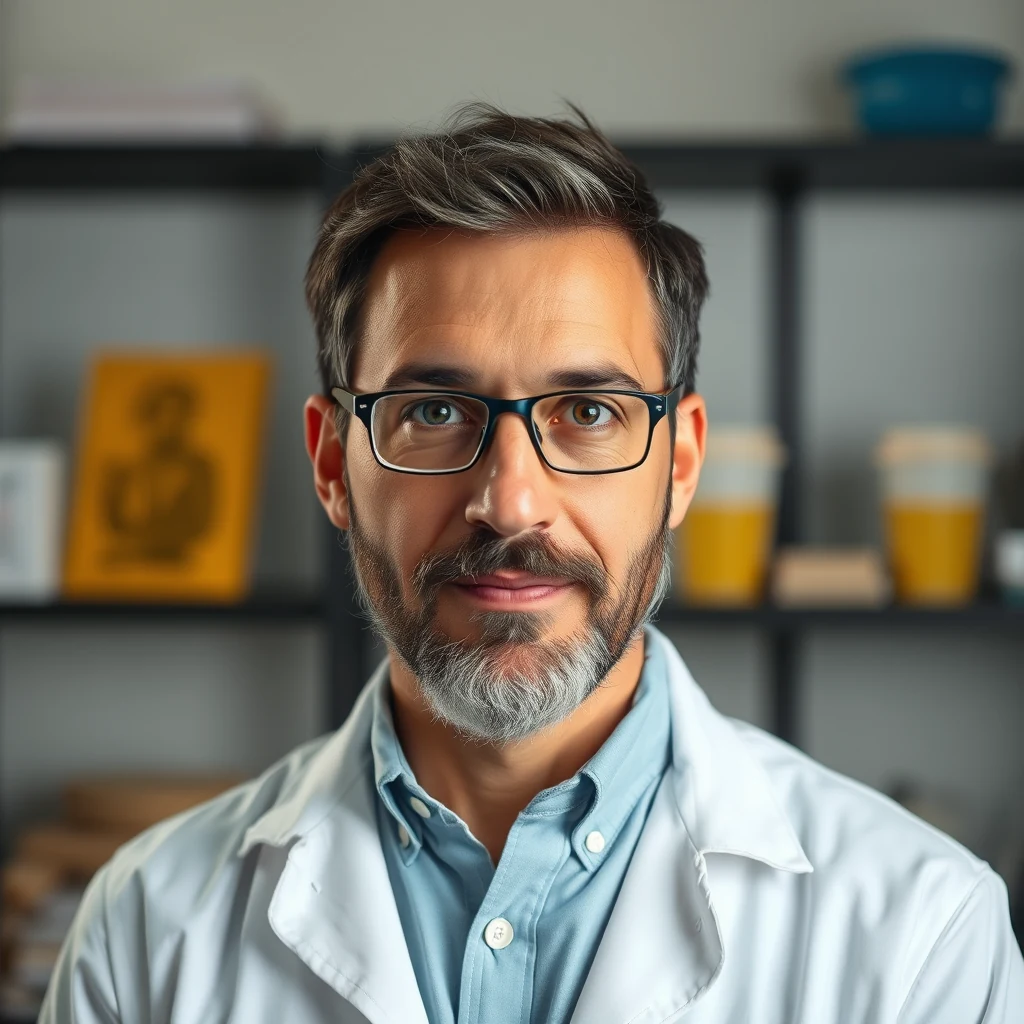 A man with short gray hair and glasses, wearing a white lab coat over a light blue shirt, stands in front of a blurred background featuring shelves with books and a yellow object.