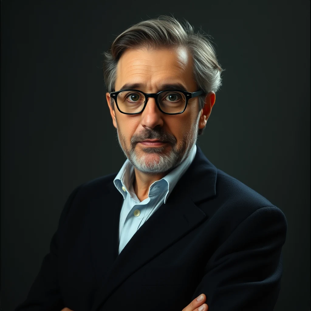 A man with gray hair and glasses, wearing a dark suit jacket over a light blue shirt, stands against a dark background with his arms crossed.