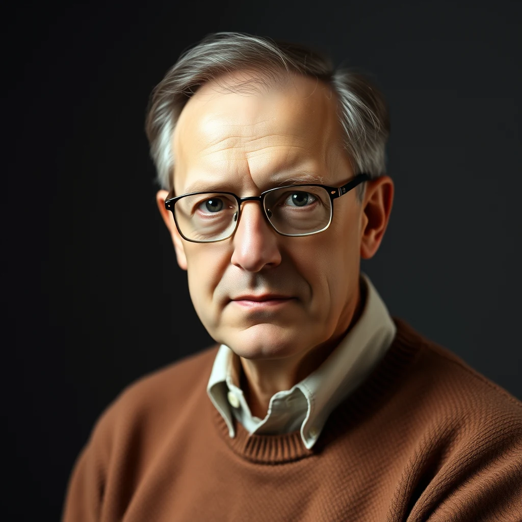 Alan Hodgkin, a British biophysicist, is depicted wearing glasses and a brown sweater over a collared shirt, set against a dark background.