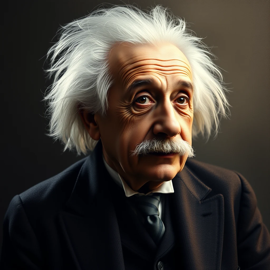 A portrait of Albert Einstein, wearing a dark suit with a white shirt and tie, set against a dark background.