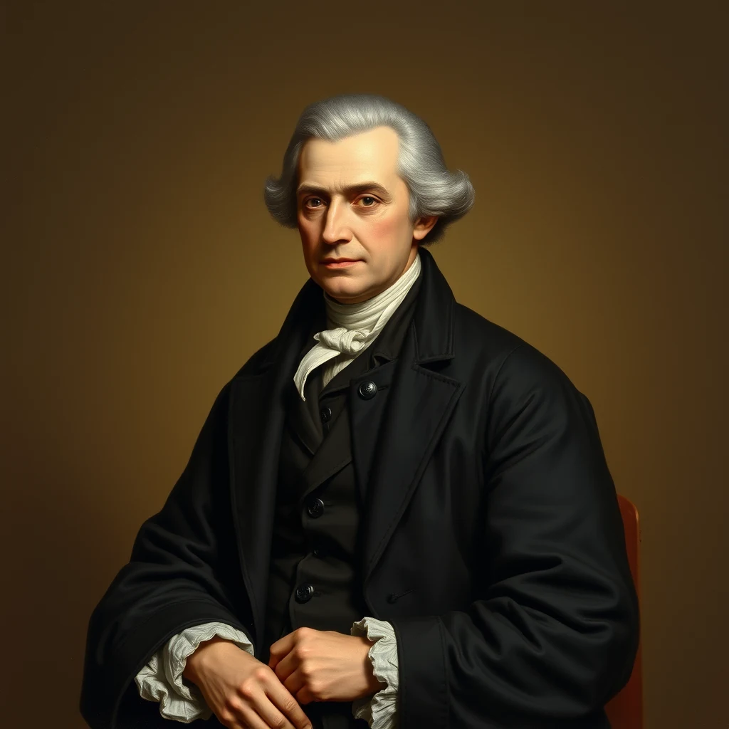 A portrait depicts a man with gray hair, dressed in a black coat over a dark vest and white cravat, seated against a warm-toned background.