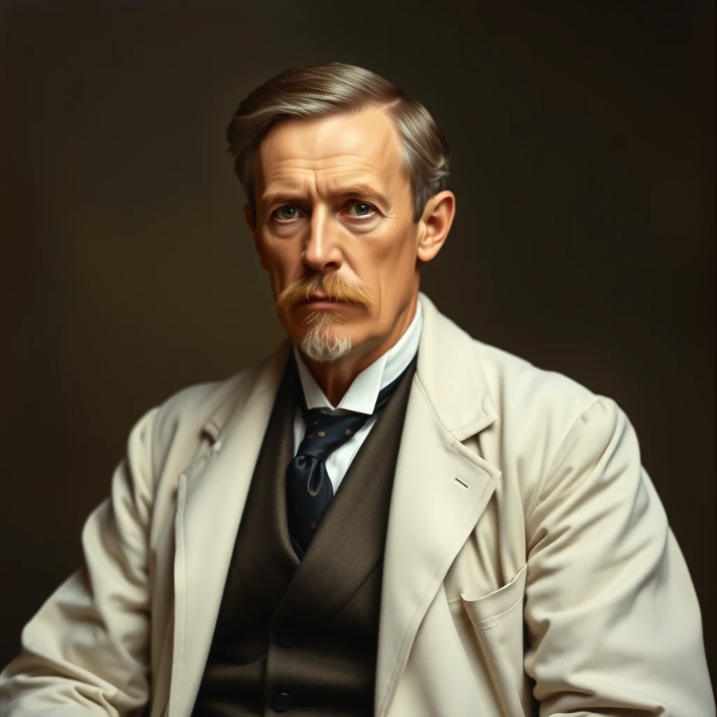 A man with gray hair and a mustache, dressed in a light-colored suit with a dark vest and tie, sits against a dark background.