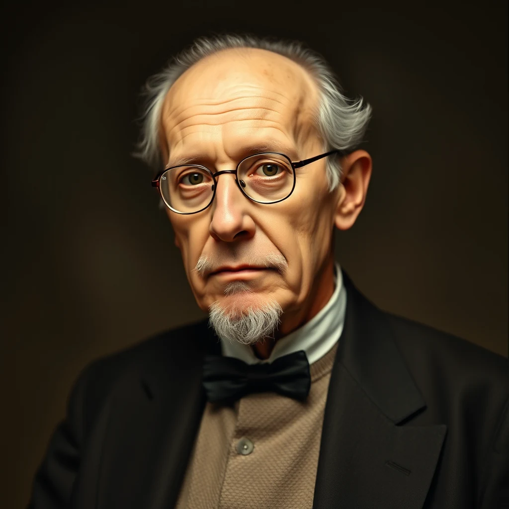 A man with gray hair and glasses, wearing a black suit jacket, a bow tie, and a light-colored shirt, stands against a dark background.