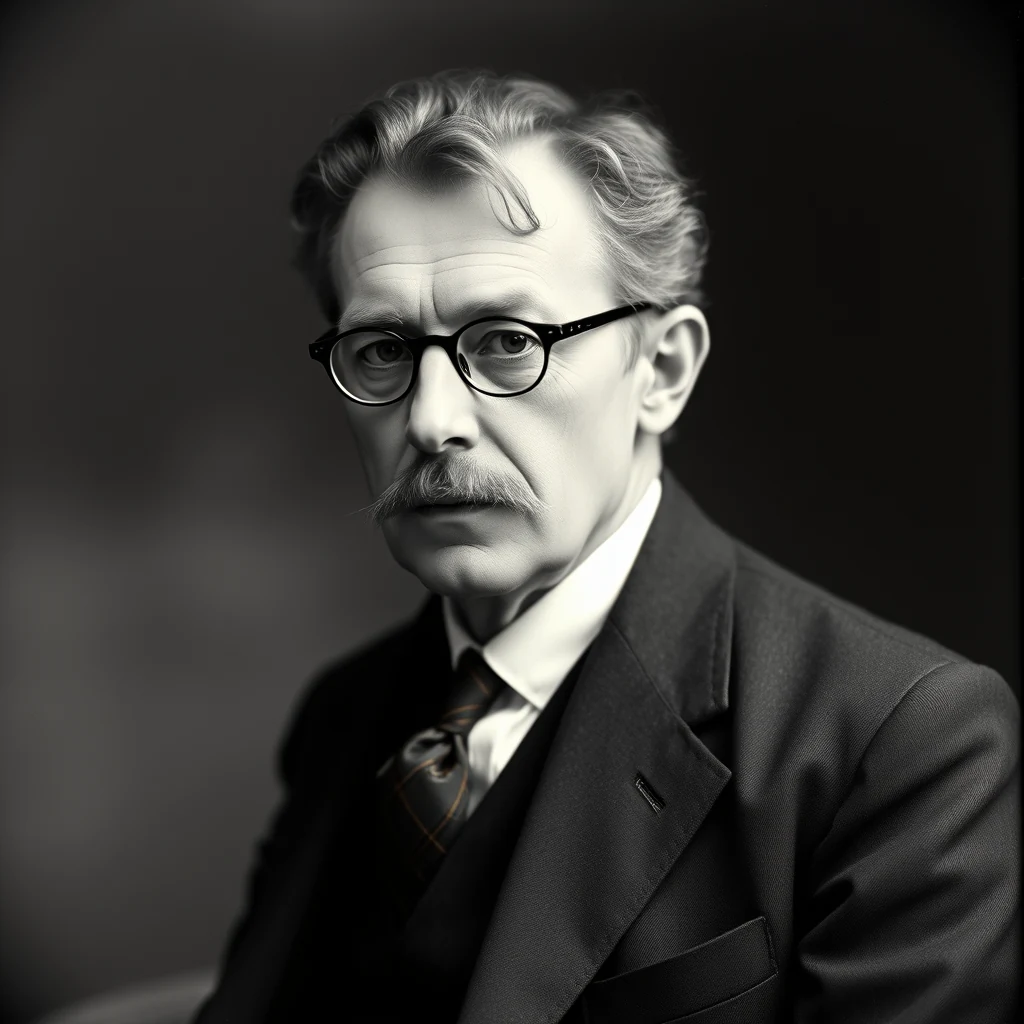 A black-and-white portrait of a man wearing glasses and a suit, with a serious expression, set against a dark background.