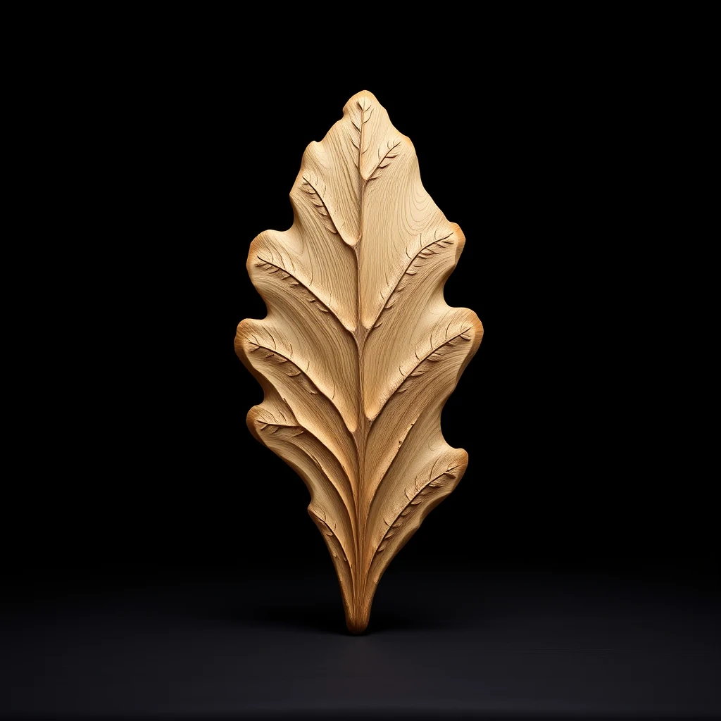 A carved wooden leaf resembling an American white oak (Quercus alba) with intricate details and a natural, light brown hue against a dark background.