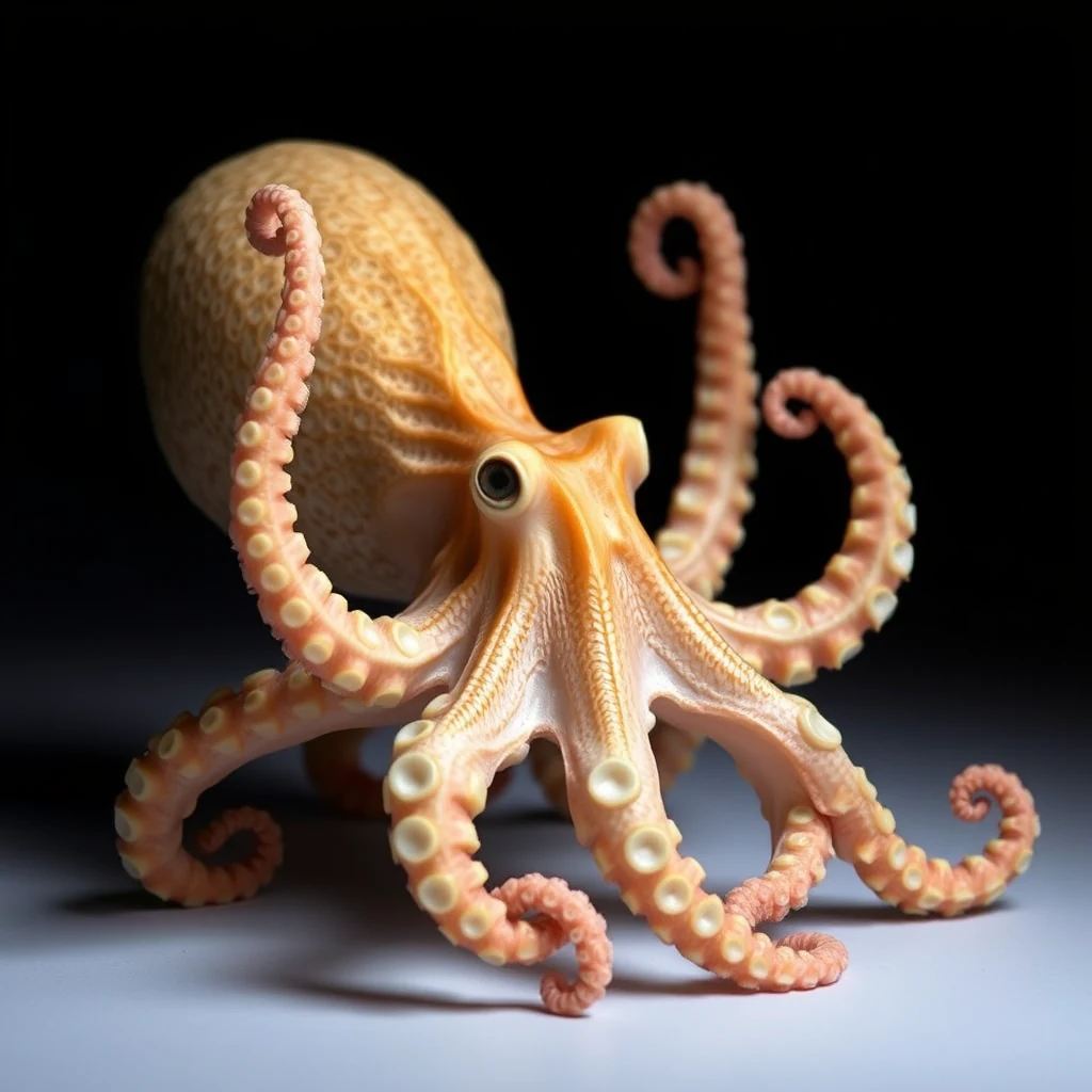 A close-up of an Amphioctopus marginatus, showcasing its distinctive pinkish-orange coloration and curled tentacles against a dark background.