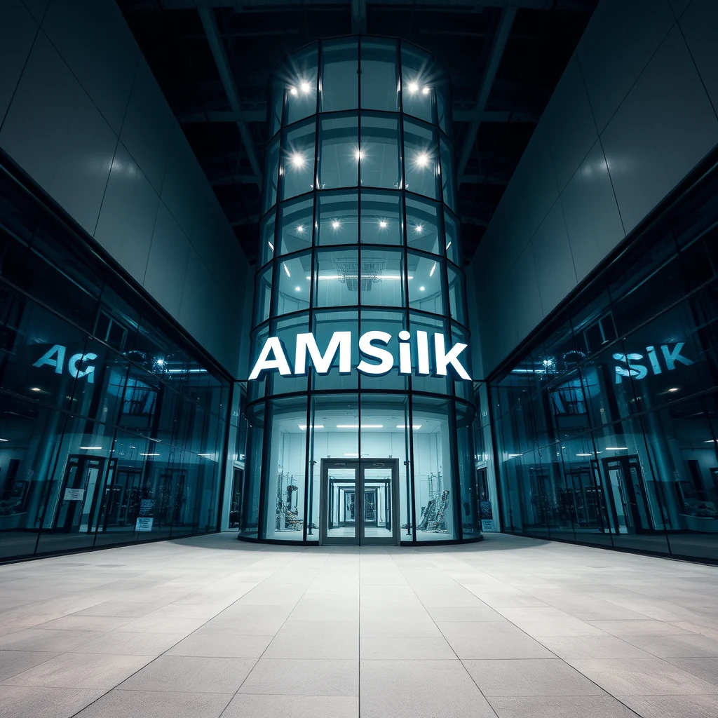 A modern glass building with the illuminated sign "AMSilk" stands prominently at the entrance, reflecting the sleek and contemporary design of the German industrial biotechnology company.