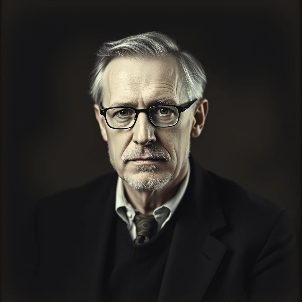 A man with gray hair and glasses, dressed in a dark suit and tie, stands against a dark background.
