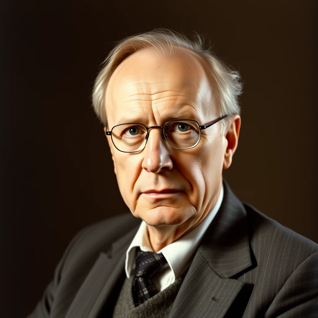 A man with short, light-colored hair and glasses, dressed in a dark suit with a white shirt and patterned tie, stands against a dark background.