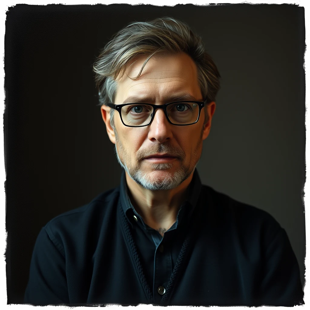 A man with short, graying hair and glasses wears a dark shirt against a dark background.