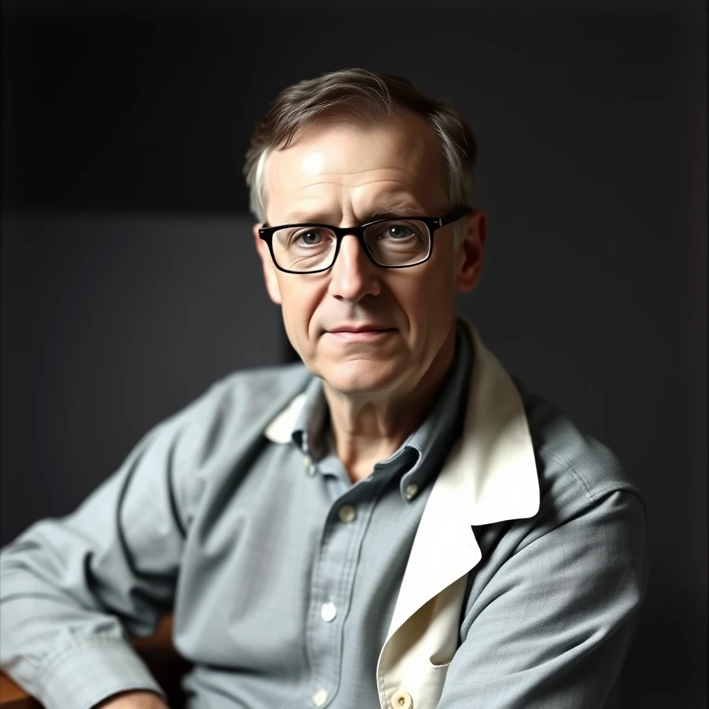 A man wearing glasses and a light gray shirt with a white collar sits against a dark background, exuding a scholarly demeanor.