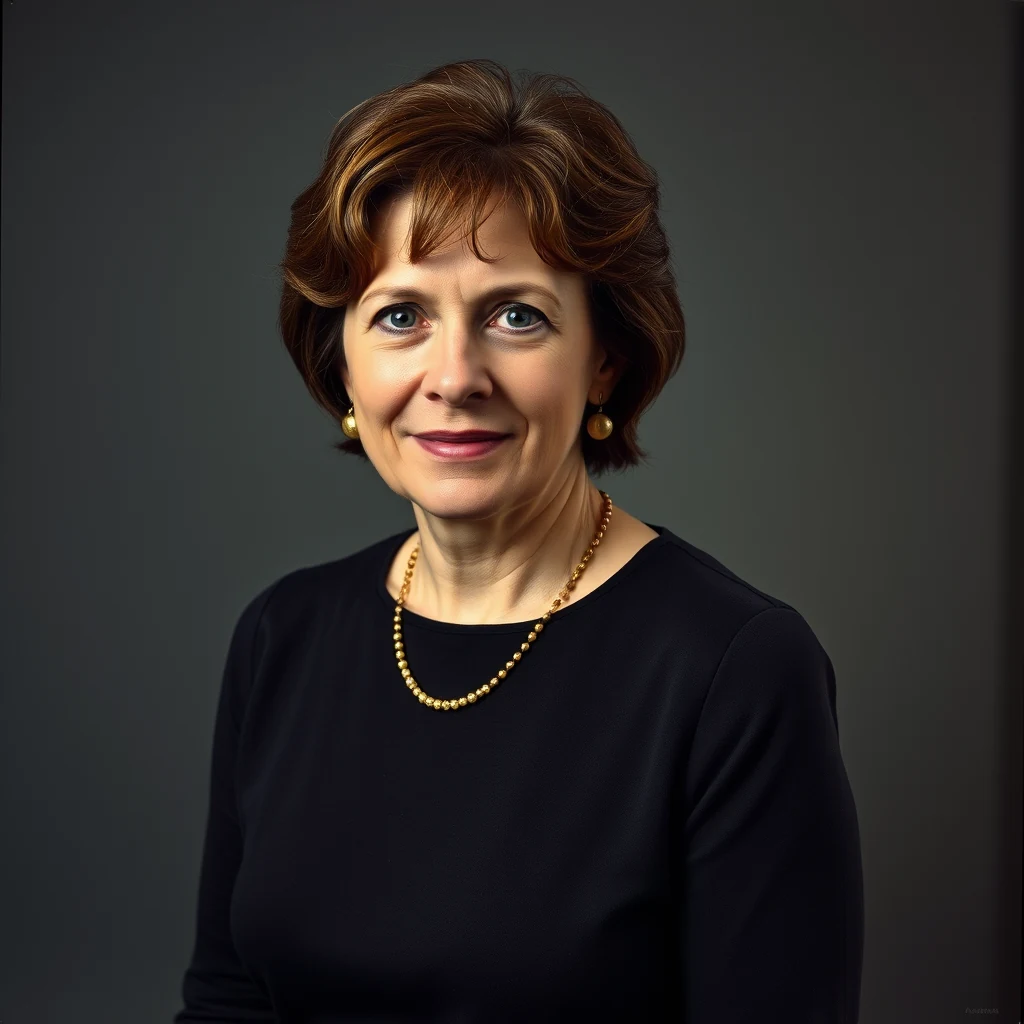 A woman with short brown hair, wearing a black top, gold necklace, and earrings, stands against a dark background.