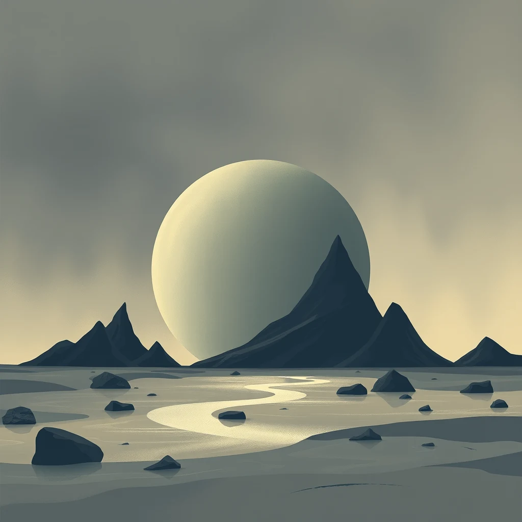 A large, glowing celestial body rises over a barren landscape with jagged mountains and scattered rocks, symbolizing the impact of human activity on Earth's systems during the Anthropocene epoch.