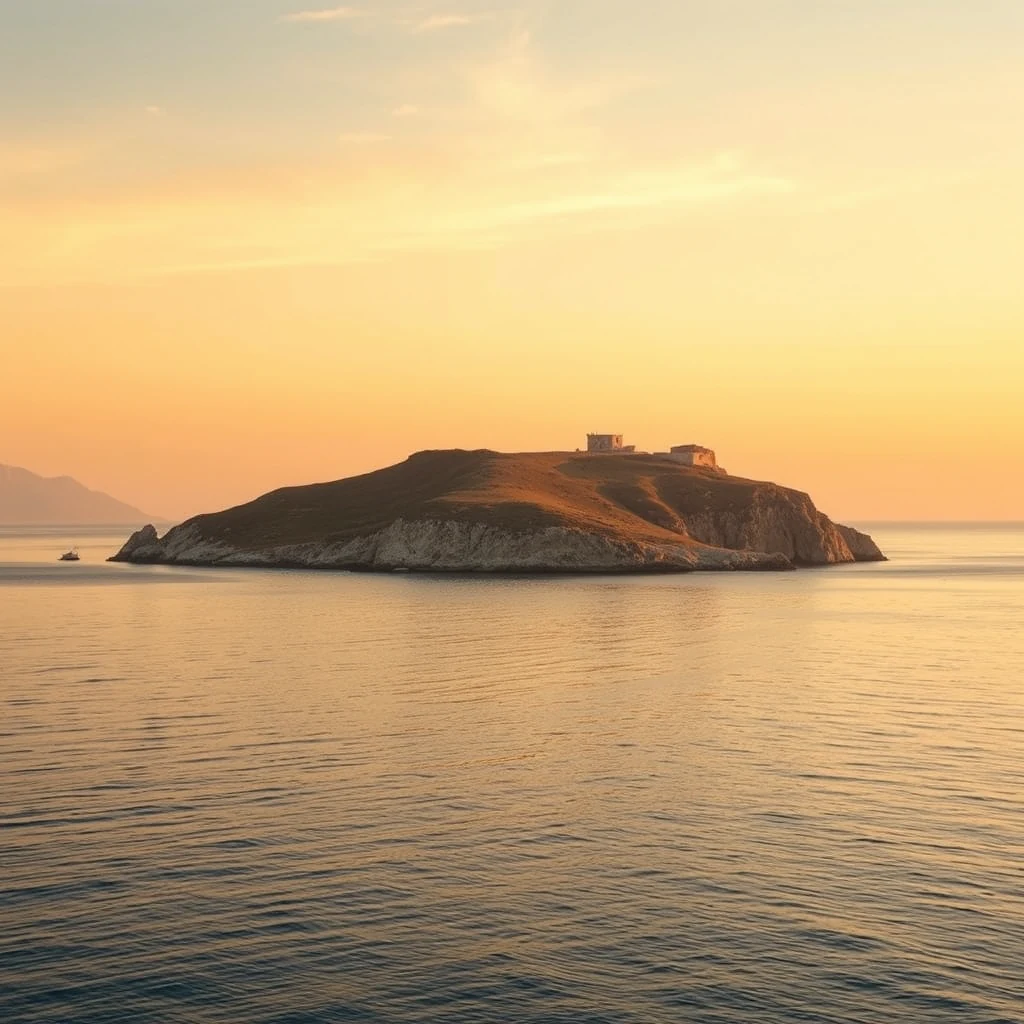 A serene sunset bathes a small Greek island in golden hues, with a lighthouse perched atop its rugged coastline, surrounded by calm waters.