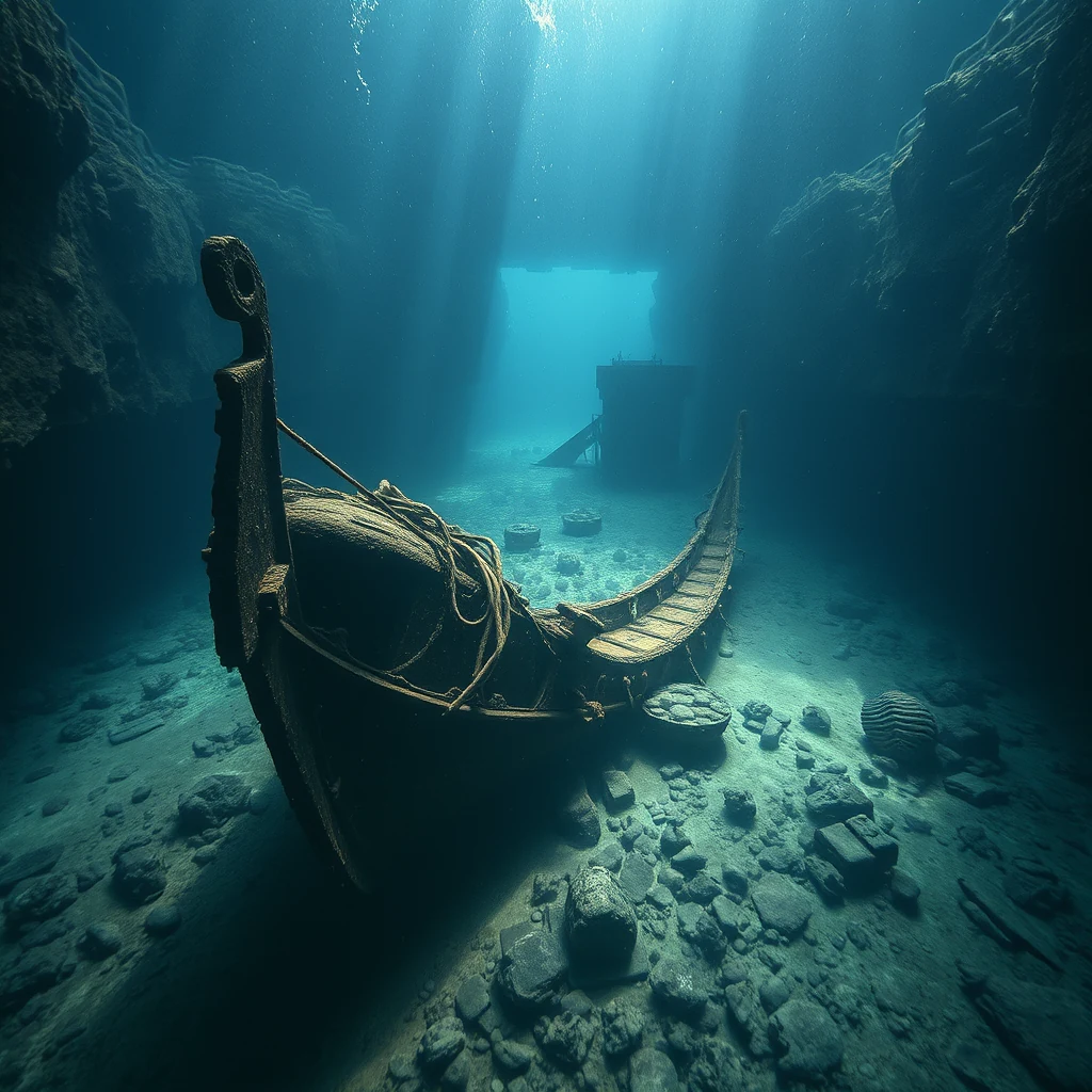 An ancient shipwreck lies submerged in clear blue water, its wooden hull and rope remnants visible amidst scattered rocks and debris, illuminated by beams of sunlight filtering through the surface.