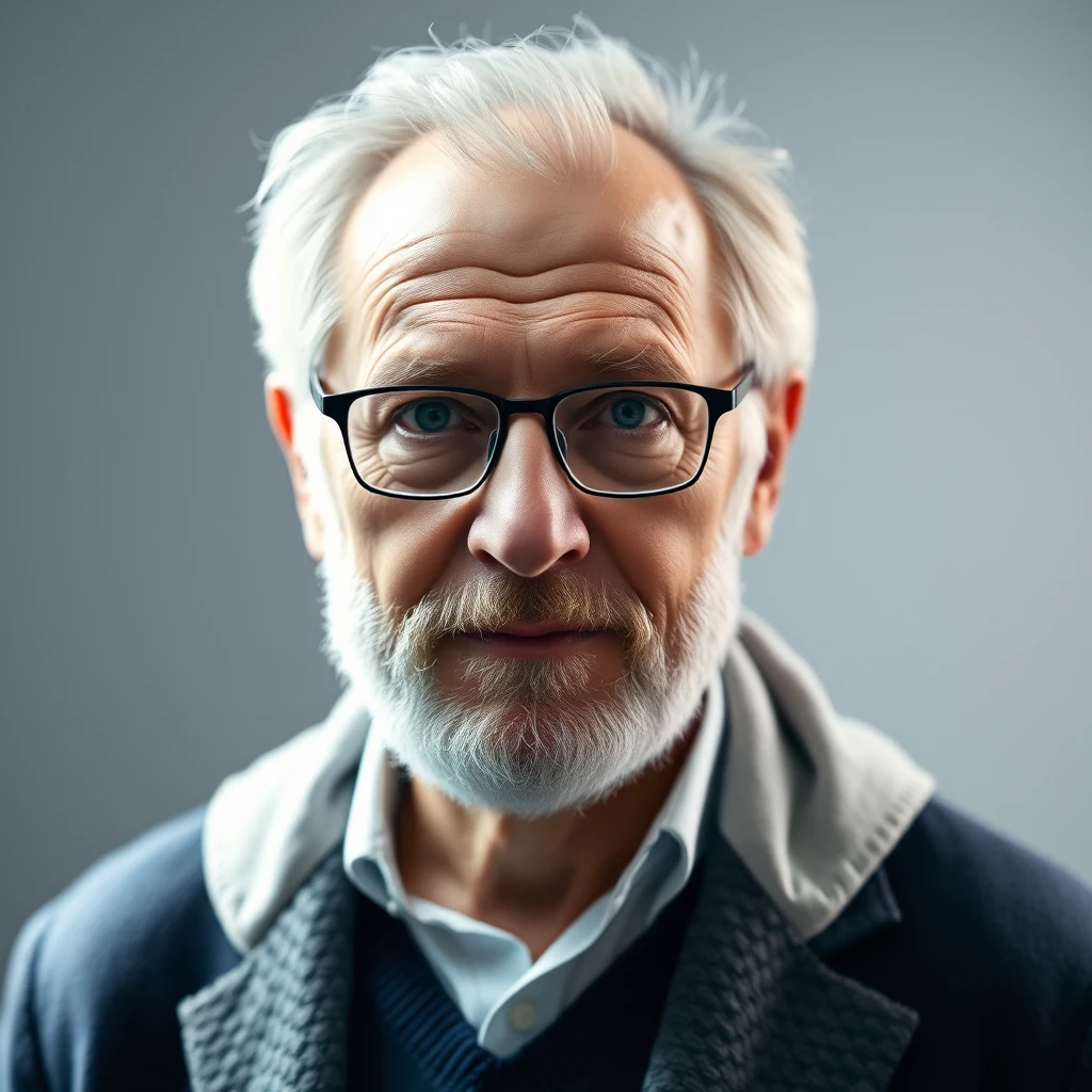 A man with white hair and a beard wearing glasses and a dark sweater over a light shirt smiles gently against a neutral background.