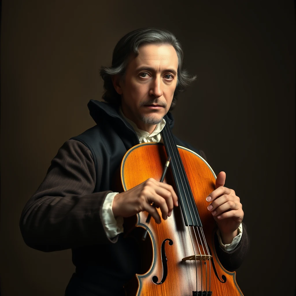A man dressed in historical attire holds a cello, showcasing the craftsmanship associated with Antonio Stradivari's work as an Italian luthier.