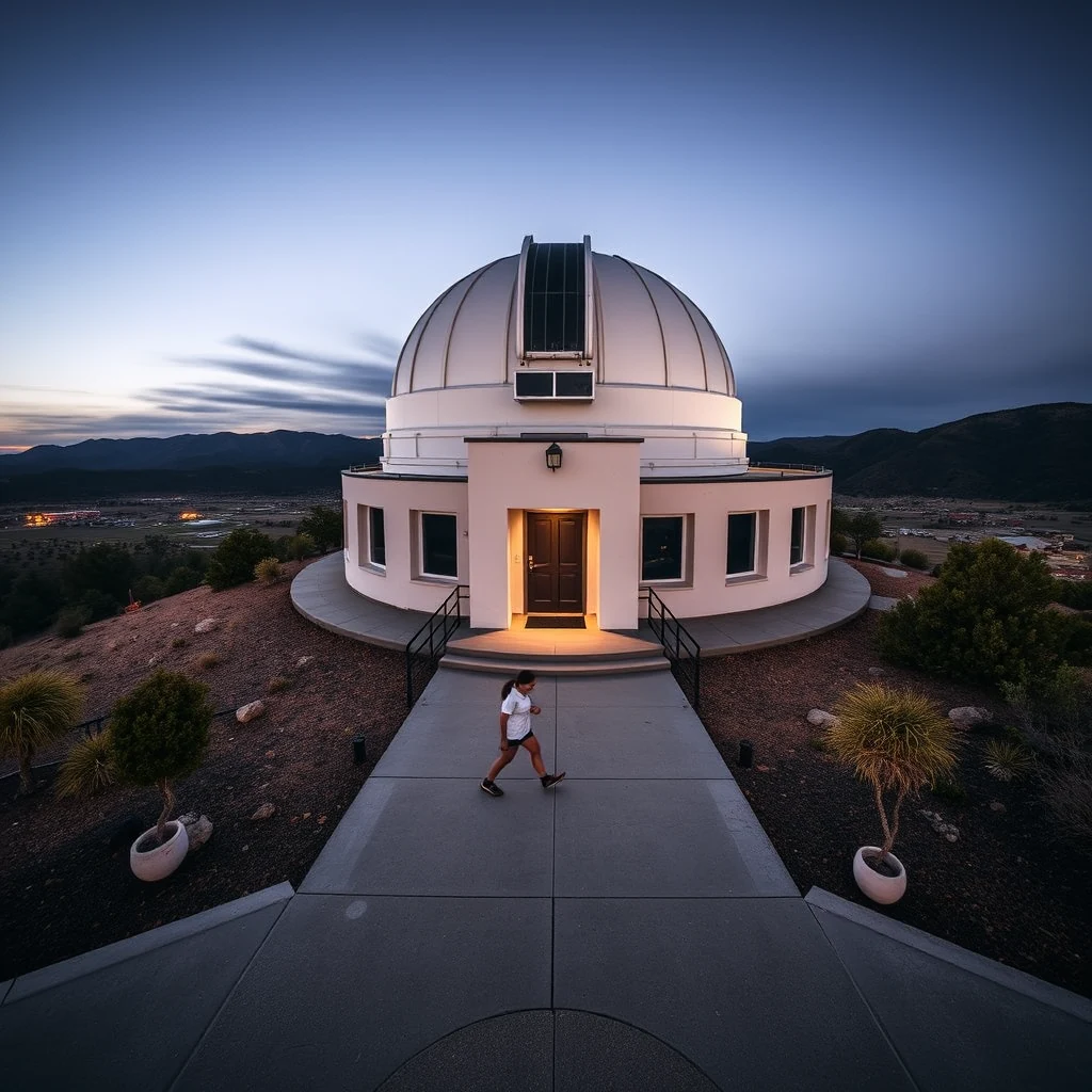 A person walks towards the entrance of the Apache Point Observatory, a large dome structure with a circular base, set against a backdrop of mountains under a twilight sky.
