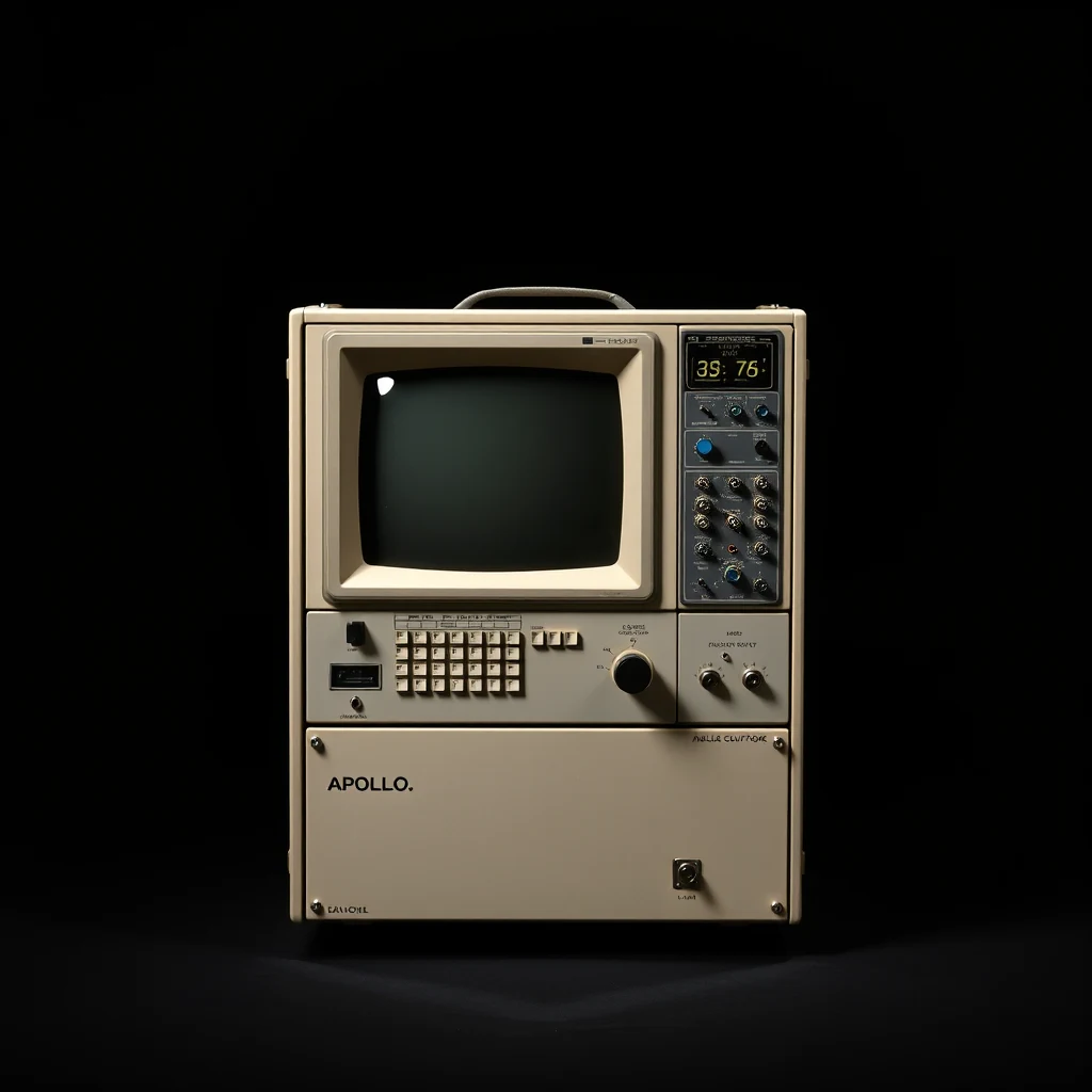 A vintage Apollo Guidance Computer, a compact flight computer from the Apollo program, featuring a small CRT display, a numeric keypad, and various control knobs against a dark background.