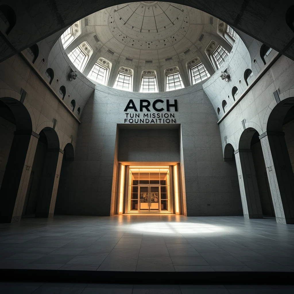 A grand, circular interior features a prominent sign reading "ARCH TUN MISSION FOUNDATION," leading to an illuminated doorway at the center.