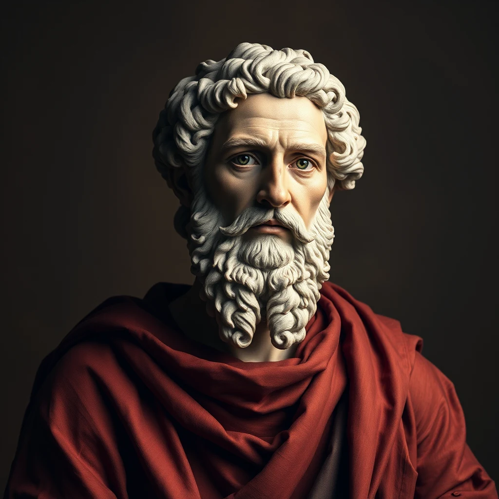 A bust of Archimedes, a Greek mathematician, physicist, engineer, and astronomer, with curly white hair and a long beard, draped in a red garment against a dark background.