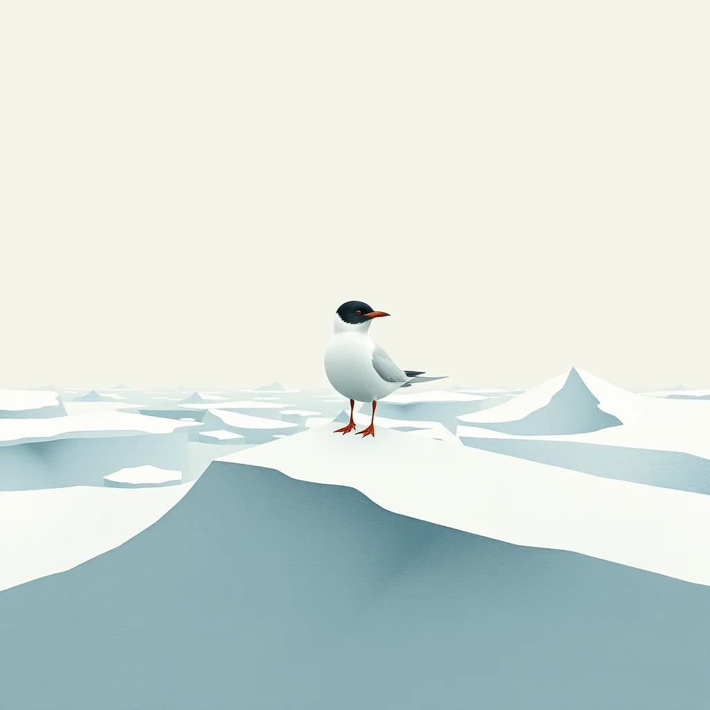 A small Arctic tern stands on a snowy landscape, its white body contrasting with the icy terrain.