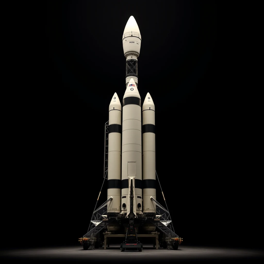A large white rocket with three boosters stands on a launch pad against a dark background, showcasing the Ariane 4, a significant European space launcher from the 1980s and 1990s.