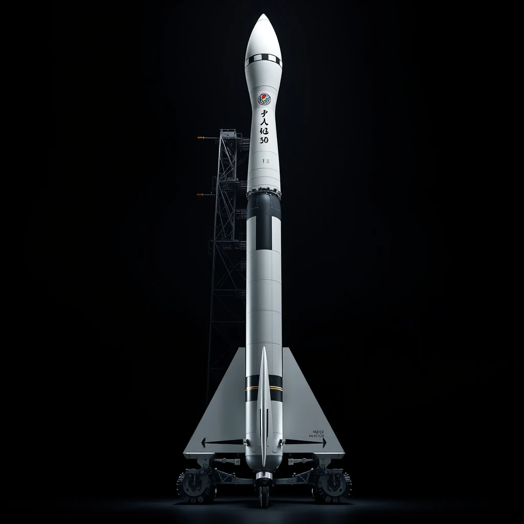 Ariane 5, a white and black European heavy-lift rocket, stands tall against a dark background, ready for launch.
