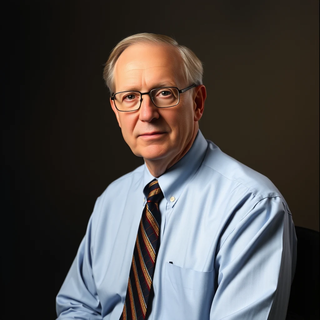 A man wearing glasses, a light blue shirt, and a striped tie sits against a dark background, exuding a professional demeanor.