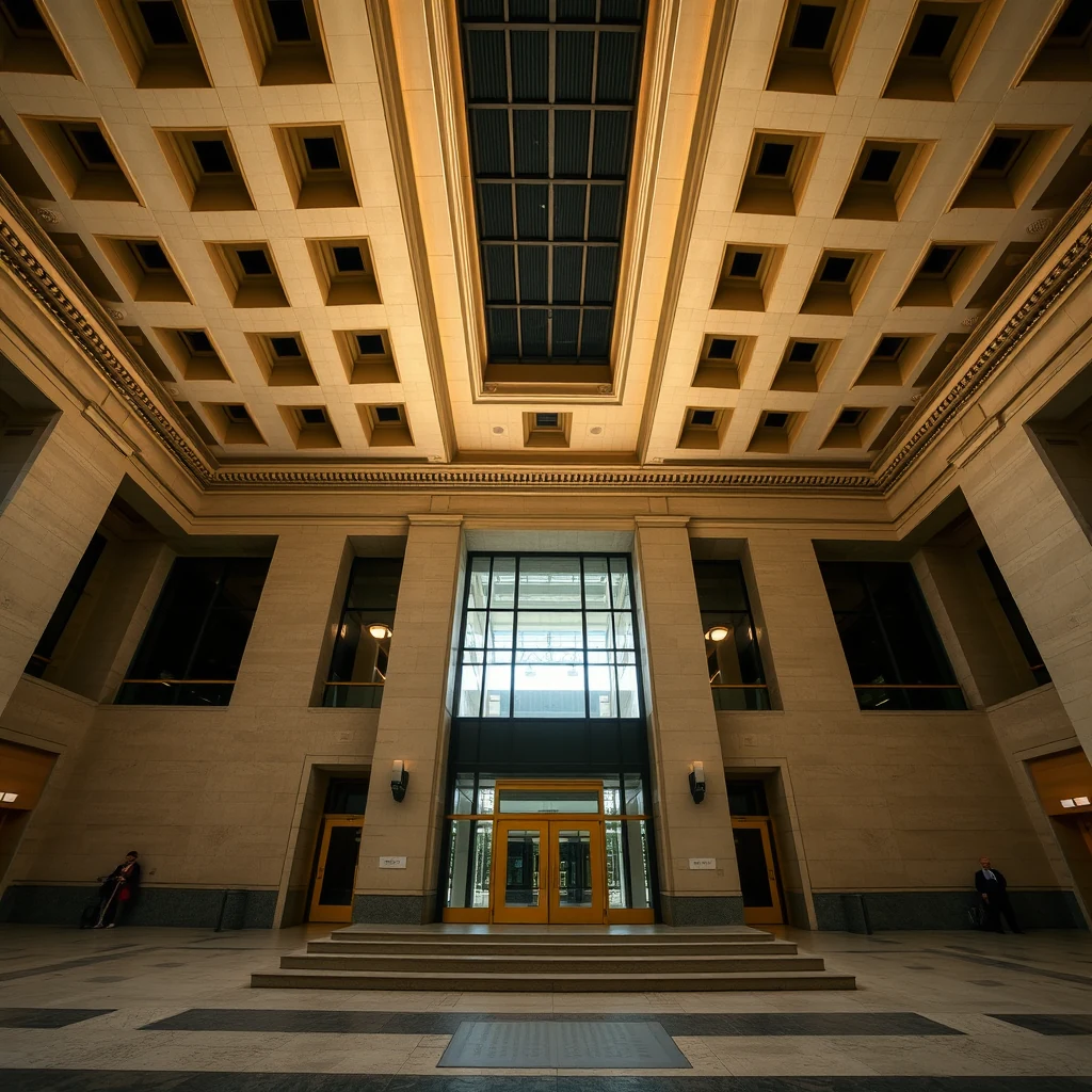 A grand interior space with a high ceiling featuring recessed lighting and large windows, leading to a set of double doors framed by stone columns.