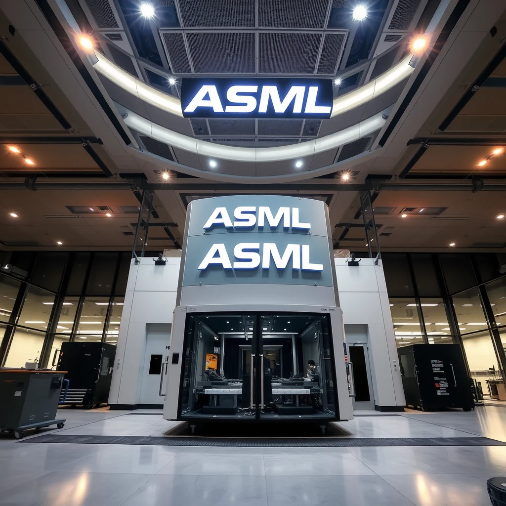 A large, modern facility prominently displays the ASML logo, indicating its association with the Dutch company known for manufacturing advanced photolithography machines used in semiconductor production.