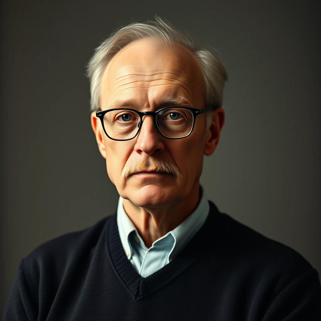 Atle Selberg, a Norwegian-American mathematician, is depicted wearing glasses and a dark sweater over a light blue collared shirt, with a serious expression against a neutral background.