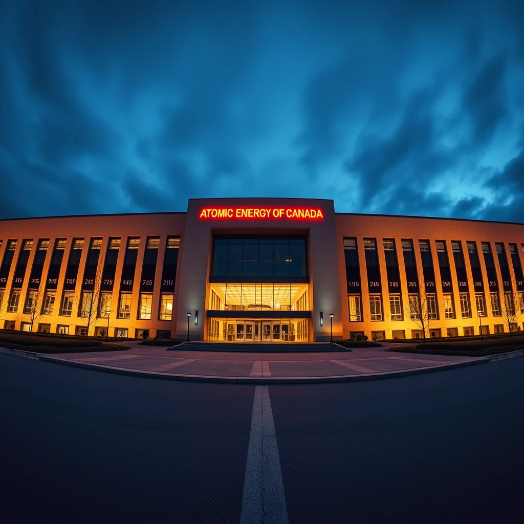 A large building illuminated at night with the sign "Atomic Energy of Canada" prominently displayed above the entrance.