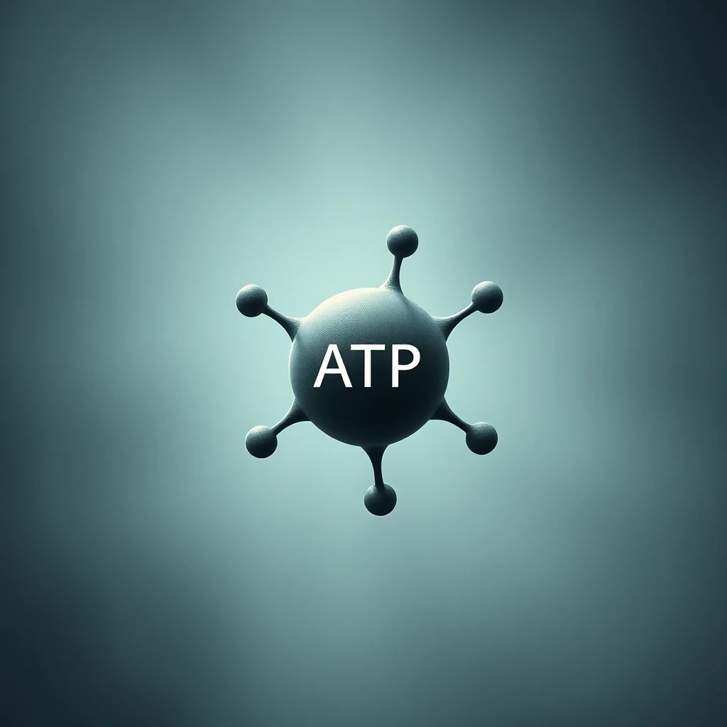 A molecular model of ATP with the letters "ATP" prominently displayed in the center, set against a gradient blue background.