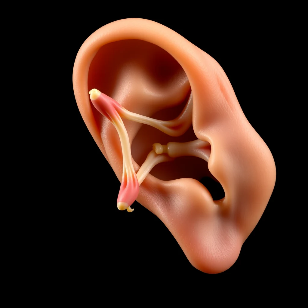 The image illustrates three small muscles—anterior, superior, and posterior—surrounding each external human ear, which rotate to direct sound towards the source in cats, dogs, horses, and other mammals.