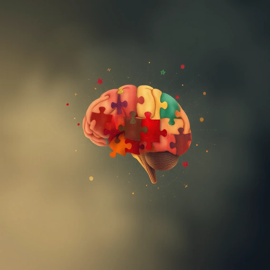 A colorful brain with puzzle pieces symbolizes autism spectrum conditions, highlighting diversity and complexity in neurological development.