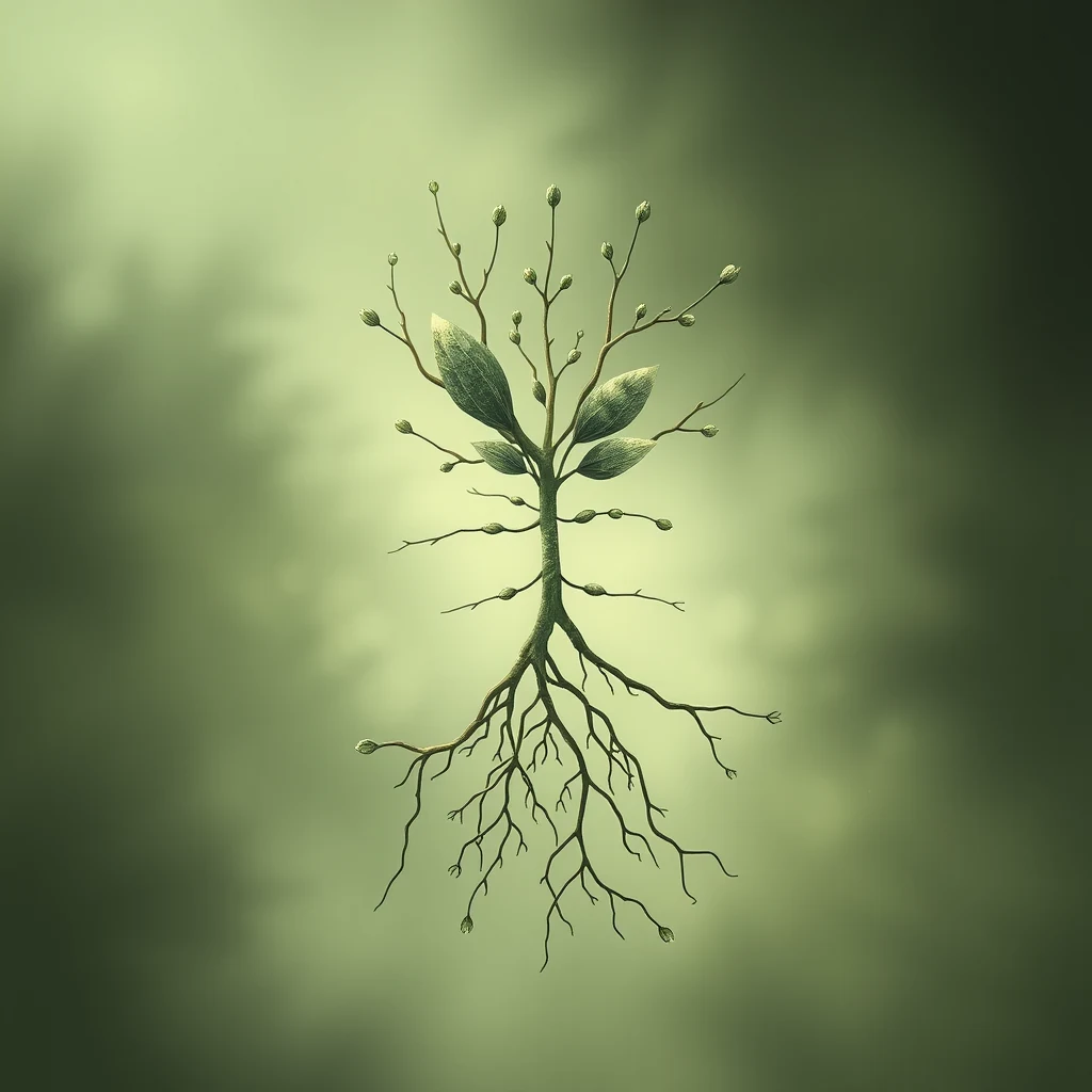 A plant with a central stem and leafy top, supported by intricate root-like structures, symbolizes the concept of auxin, a hormone controlling growth and development in plants.